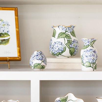 Blue Hydrangea Bouquet Stoneware Vase — Bouquet vase beside separately sold Hydrangea vases; Susan Gordon Pottery