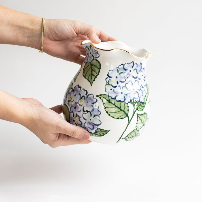 Blue Hydrangea Bouquet Stoneware Vase — hands holding the individual Bouquet vase; Susan Gordon Pottery