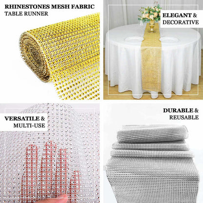 Rhinestones mesh fabric table runner in gold and silver, versatile and reusable.