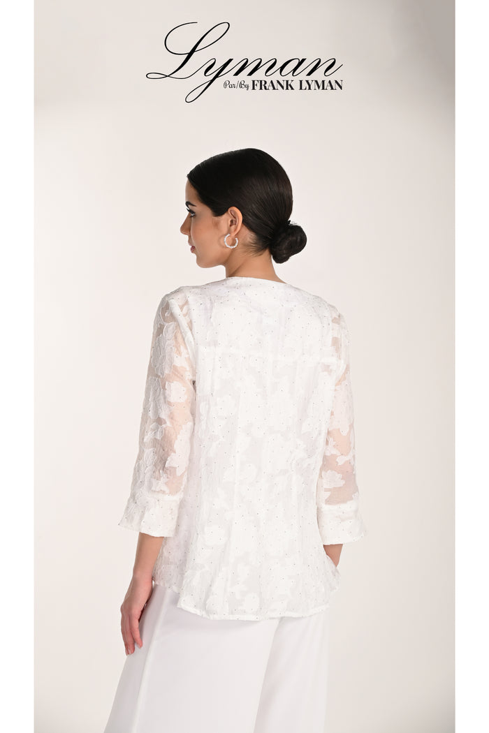 Elegant white lace jacket shown from back, Frank Lyman 268155 White Embroidered Occasion Jacket, shop Frank Lyman at Dotique