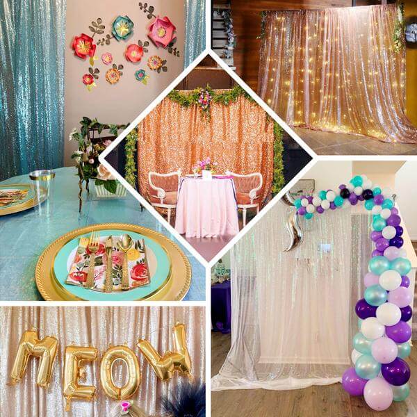Assorted party backdrop decorations with sequins and balloons.