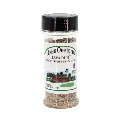 A bottle of Holen One Farms Java Rub and Seasoning, 5 oz size, with a label featuring the farm and a description of the product as an all-purpose seasoning.