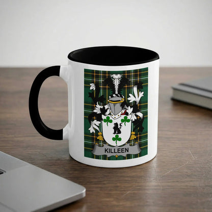 Killeen Irish heritage mug with black handle and family crest