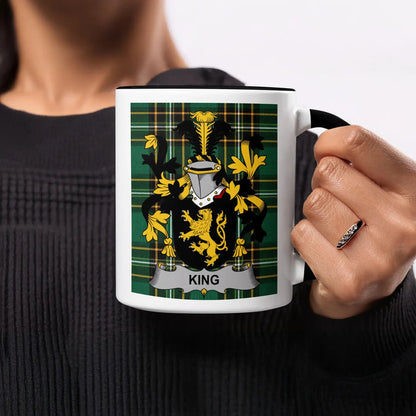 Mug featuring the King family crest on a green and black plaid background.