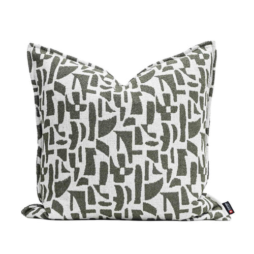 Leather Gallery Krait Cushion in Mediterranean Olive, featuring an abstract geometric pattern in olive green and off-white.