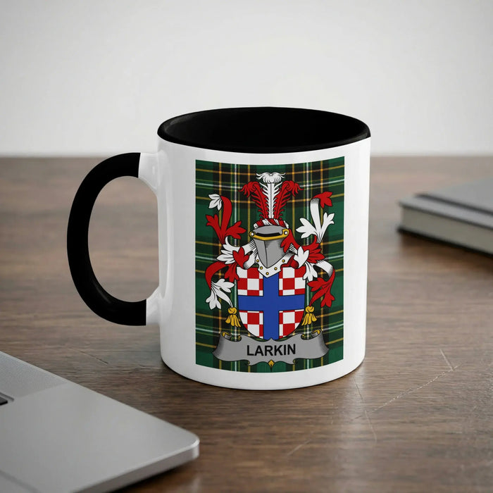 Larkin Irish heritage mug with black handle and family crest