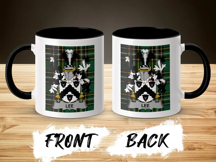 Front and back of a mug with a coat of arms and the name "LEE".