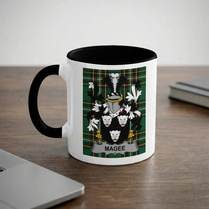 Magee Irish heritage mug with black handle and family crest