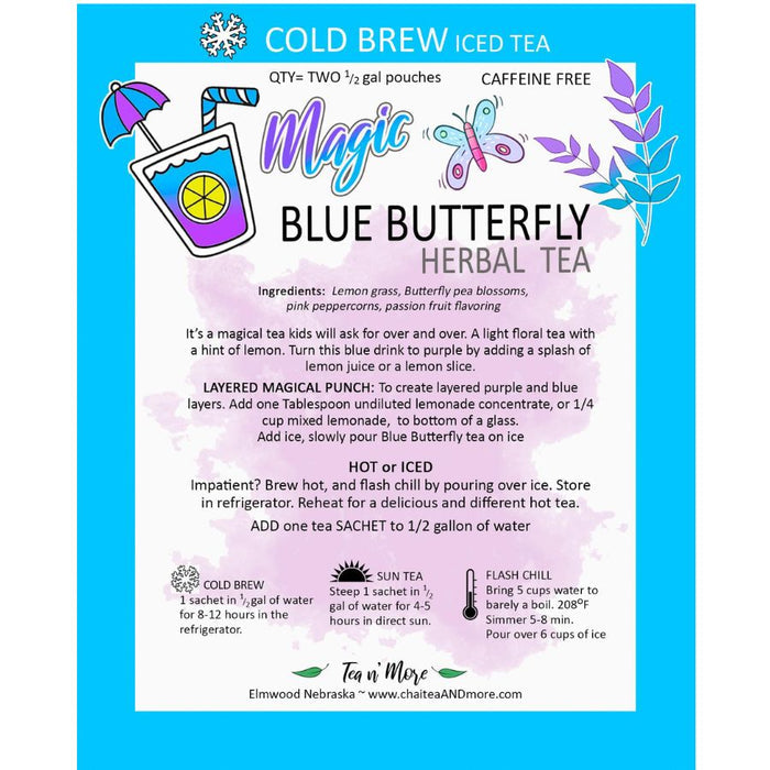 Product label for Magic Blue Butterfly Herbal Tea by Tea n More, featuring an illustration of a tea cup, leaves, and a butterfly, with details about the product being caffeine-free and capable of changing color with lemon addition.
