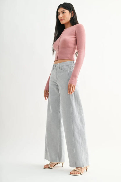 Mid rise side stripe wide leg denim jeans in light gray and white soft denim fabric with vertical stripe wide leg design