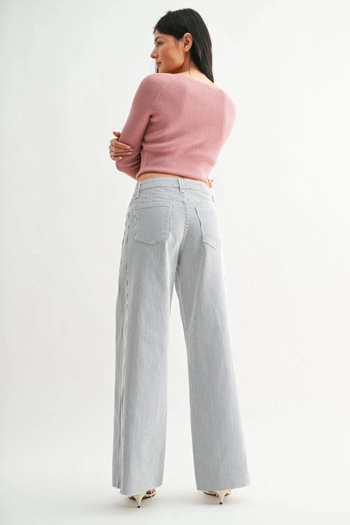 Mid rise stripe wide leg denim jeans in light gray and white denim fabric with side stripe detail