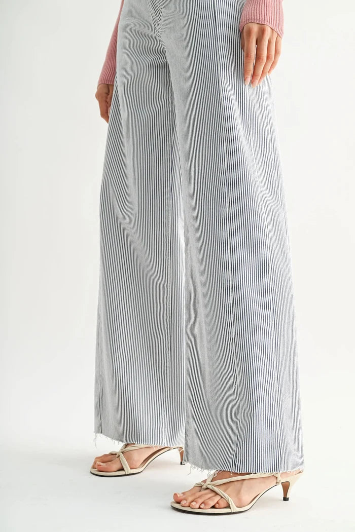 Mid rise side stripe wide leg denim jeans in classic navy and white stripe wide leg pattern with frayed hem