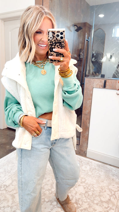 Mineral Washed Waffle Long Sleeve Top-Emerald