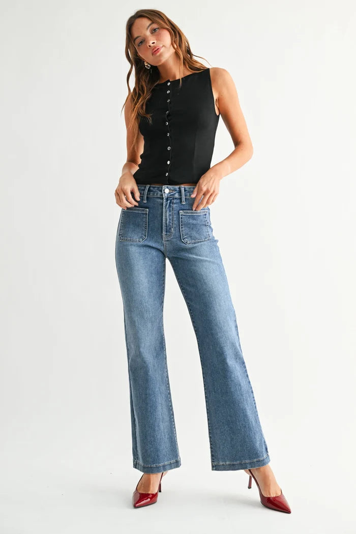 High-waisted blue denim patch pocket flare jeans with button closure