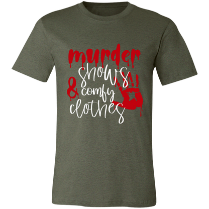 Murder Shows and Comfy Clothes graphic t-shirt in Heather Military Green