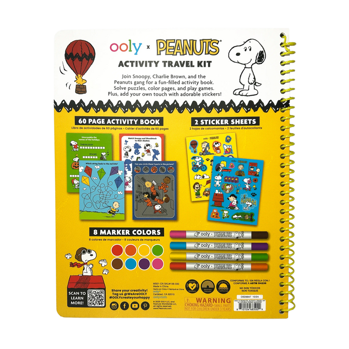 Back cover of OOLY x Peanuts Activity Travel Kit & Double-Ended Markers