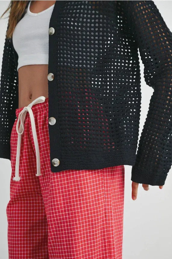 Black open stitch crochet collar cardigan with wide sleeves and V-neck for stylish comfort