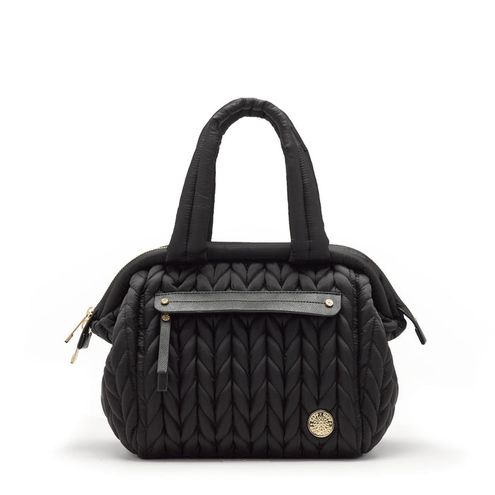 A black structured diaper bag with a quilted design, featuring a main compartment, a front pocket, and carrying handles.