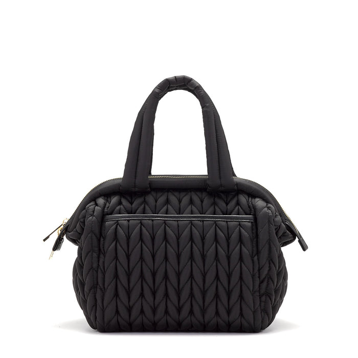 Back view of Paige Mini Black, showing the carry handles and back pocket with magnet closure.
