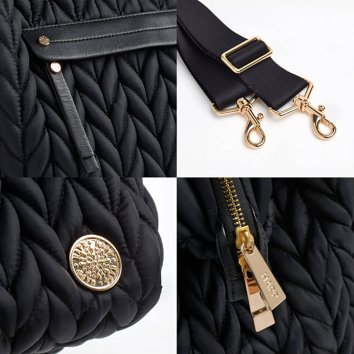 Detail close-ups of the faux leather mommy pocket trim and zipper pull, herringbone quilting, and gold metal hardware details on zippers and messenger strap.