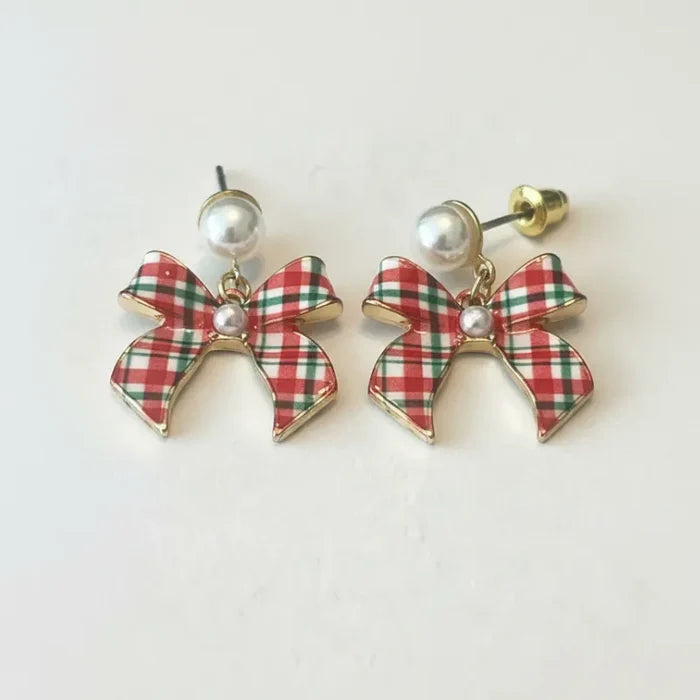 Red and green plaid pearl drop Christmas earrings with gold hardware