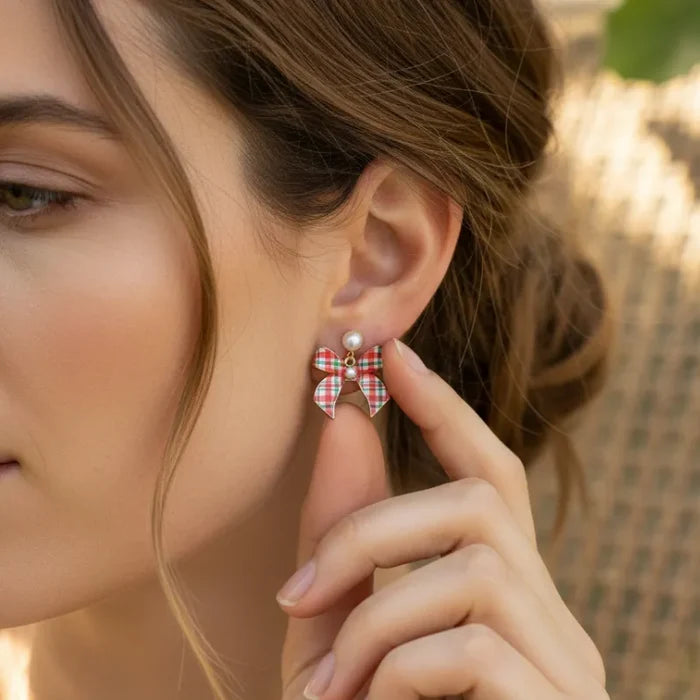 Red Plaid Pearl Drop Christmas Earrings with Bow Studs