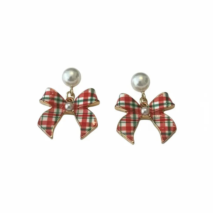 Red plaid pearl drop Christmas earrings with gold hardware