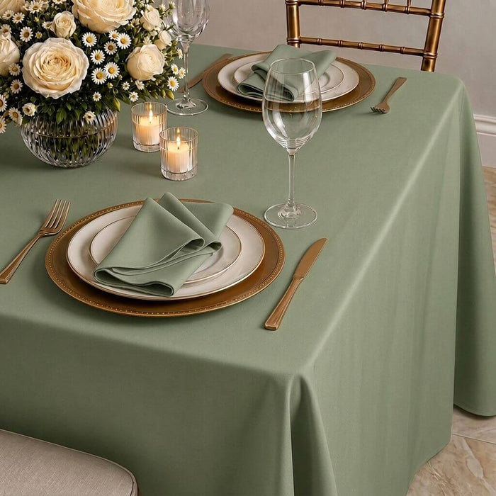 dusty sage green rectangular tablecloth on dining table