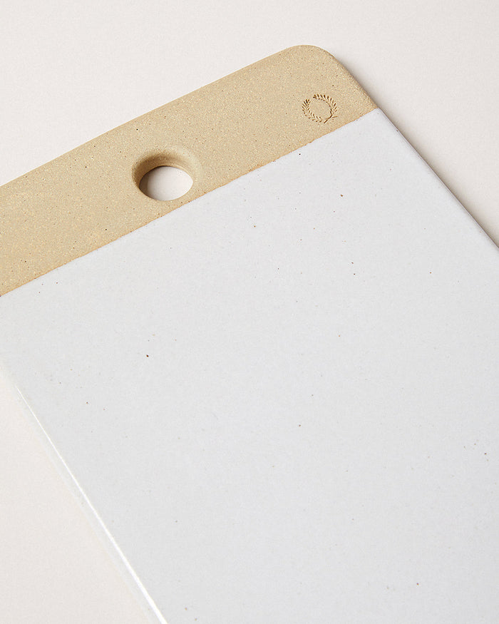 Rectangular Stoneware Cheese Stone — close view of rectangular cheese stone and hanging hole; Farmhouse Pottery