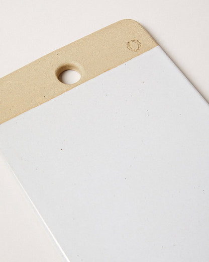 Rectangular Stoneware Cheese Stone — close view of rectangular cheese stone and hanging hole; Farmhouse Pottery