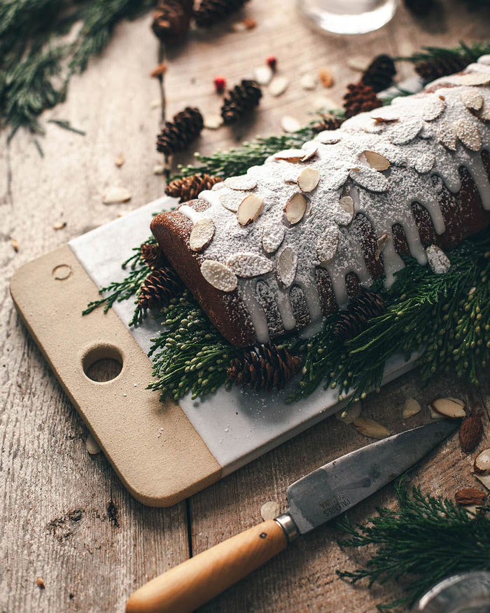 Rectangular Stoneware Cheese Stone — decorated cake presented on a cheese stone; Farmhouse Pottery