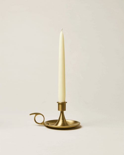 Windsor Brushed Brass Candlestick — brass candlestick holding a taper; Farmhouse Pottery